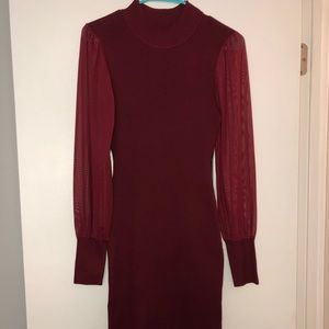 Burgundy Midi Dress w/ Sheer Sleeves. Size Large